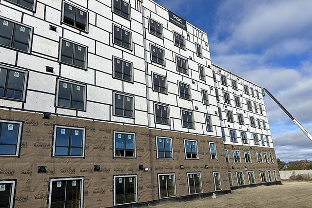 Partially finished exterior of 45 Dougherty building.